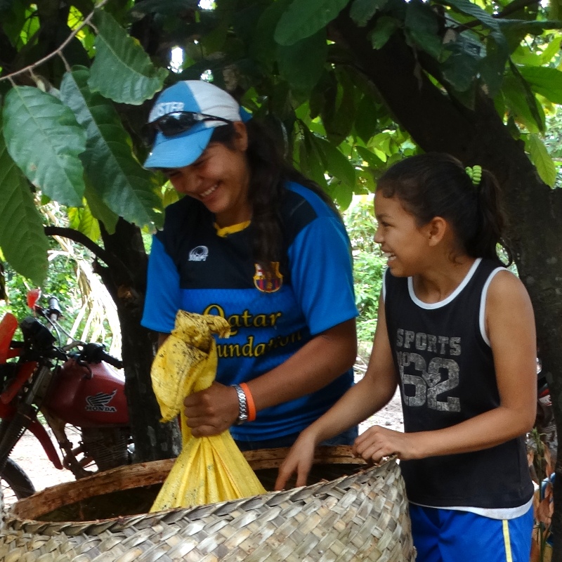 Cacao beans fermenting in cloth and wicker baskets